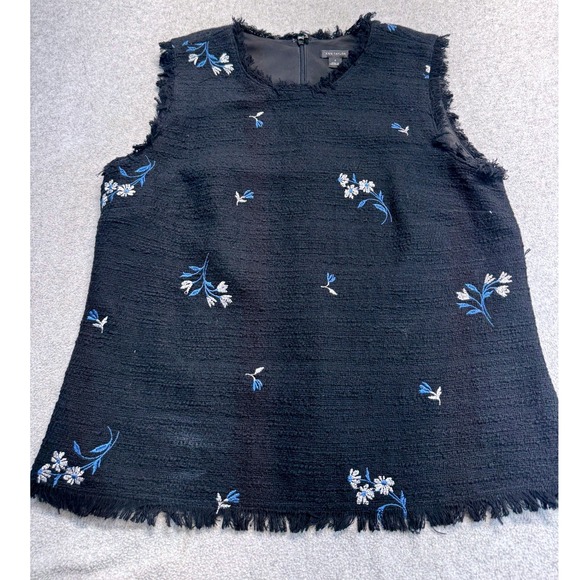 Ann Taylor Tops - Ann Taylor Tweed Shell Womens Size 4 Navy Blue Floral Embroidered Fringed Top